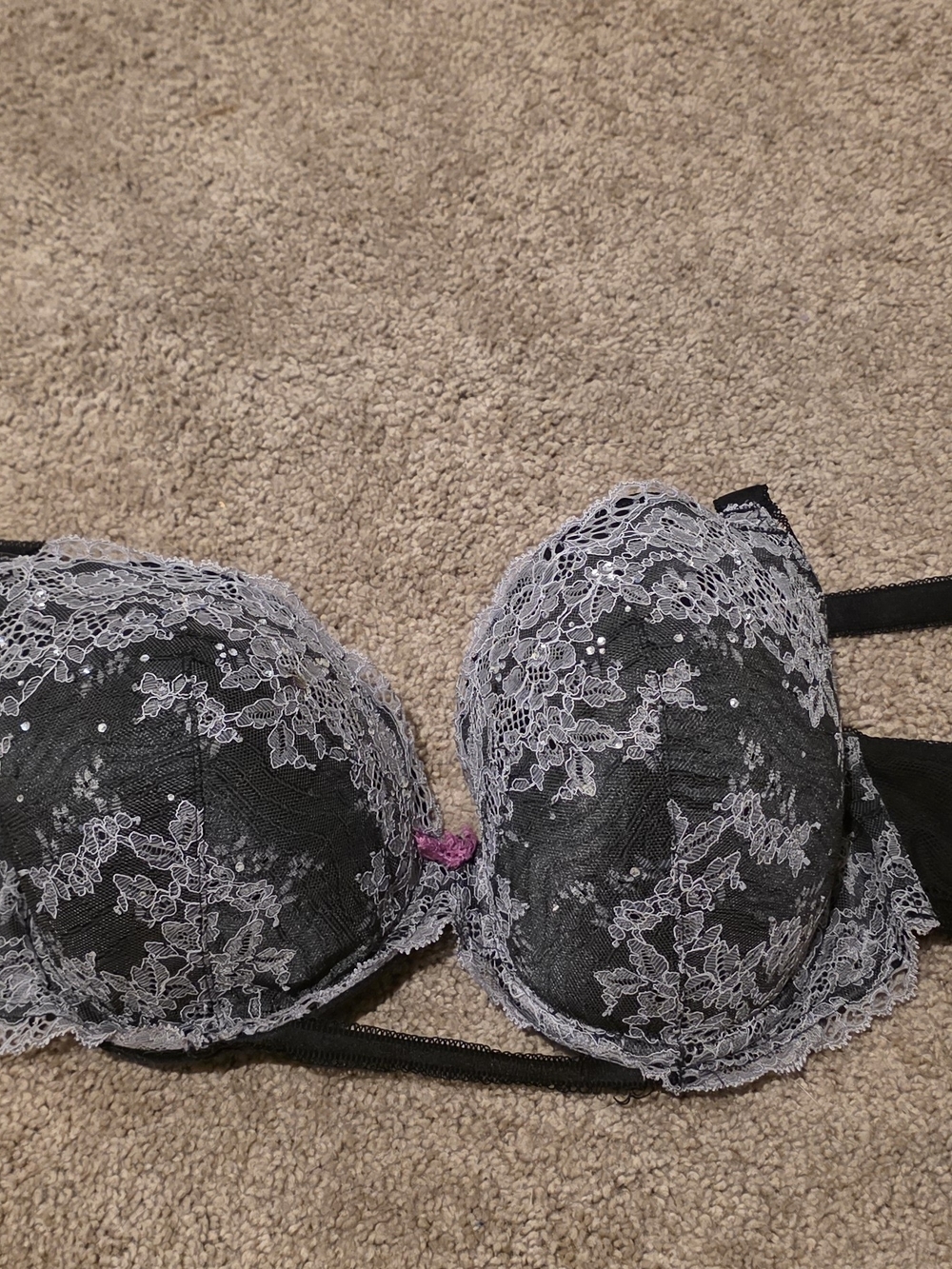 Victoria's Secret Black Bra with Gray Lace Accents and Pink Bow